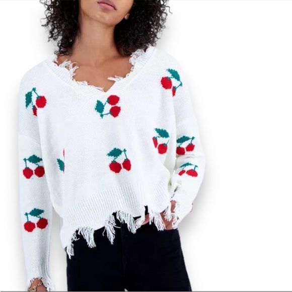 NWT Just Polly juniors Frayed V-neck Cherry Pullover Oversize Sweater Size Med - Picture 2 of 10